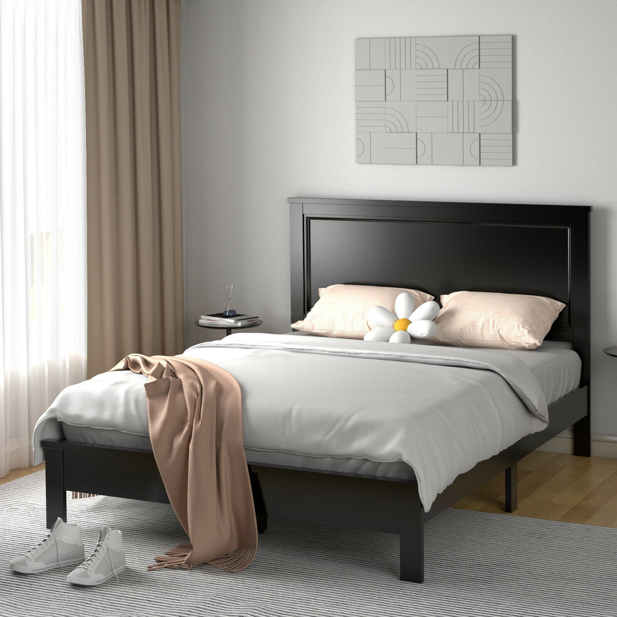 Full Size Platform Slat Bed Frame with High Headboard-Black-Simple Bed Frame-DECOROLALA