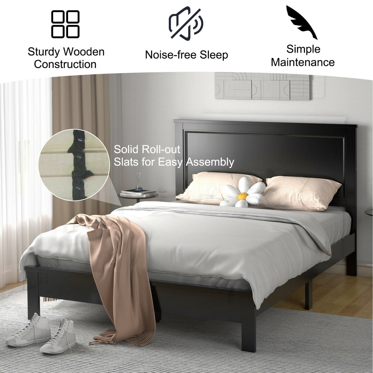 Full Size Platform Slat Bed Frame with High Headboard-Black-Simple Bed Frame-DECOROLALA