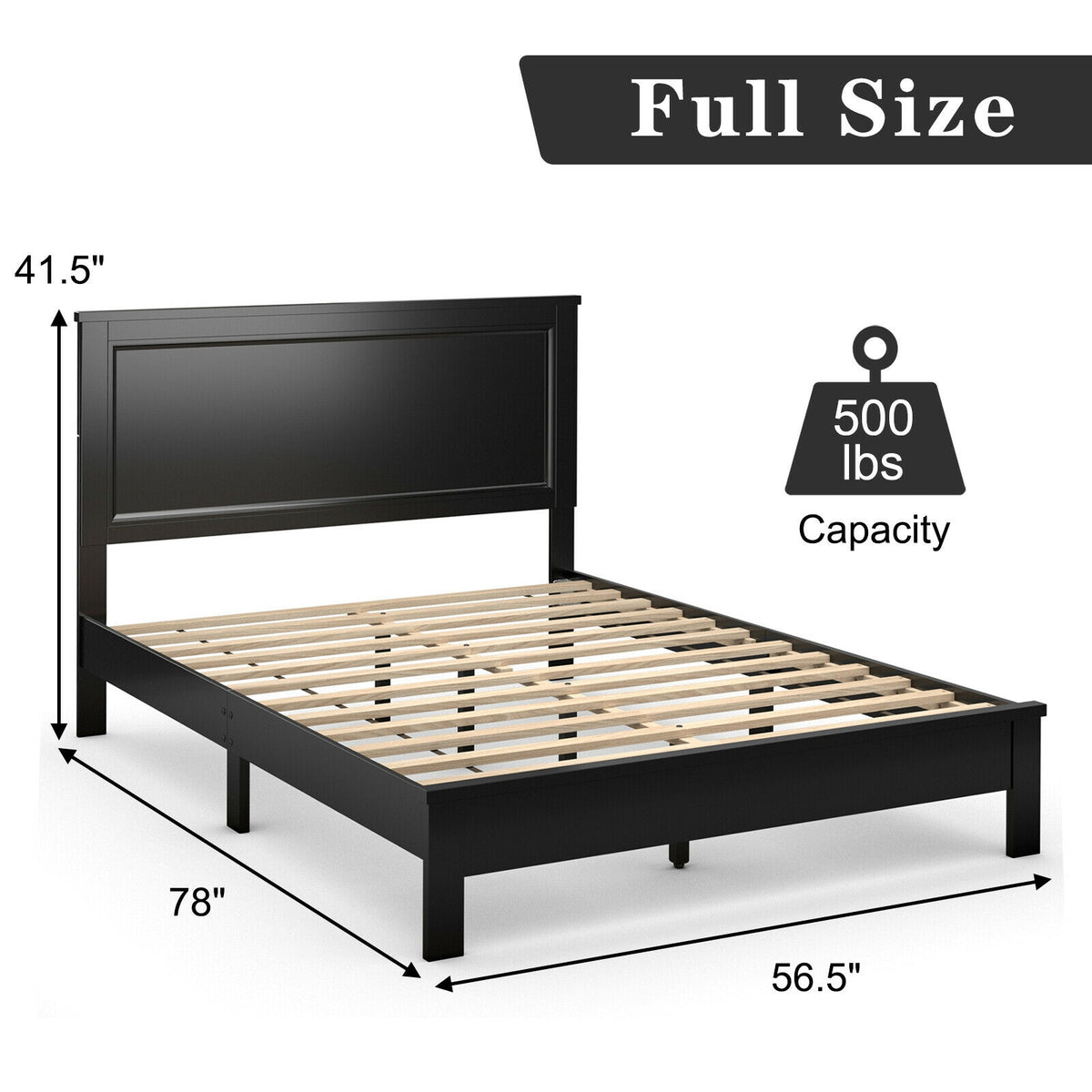 Full Size Platform Slat Bed Frame with High Headboard-Black-Simple Bed Frame-DECOROLALA