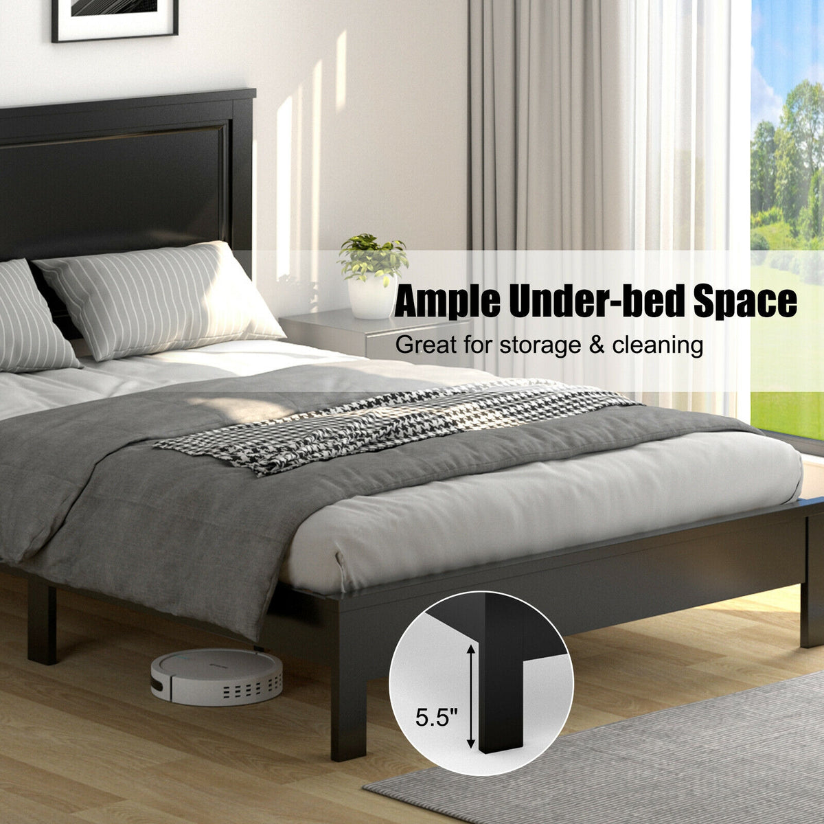 Full Size Platform Slat Bed Frame with High Headboard-Black-Simple Bed Frame-DECOROLALA