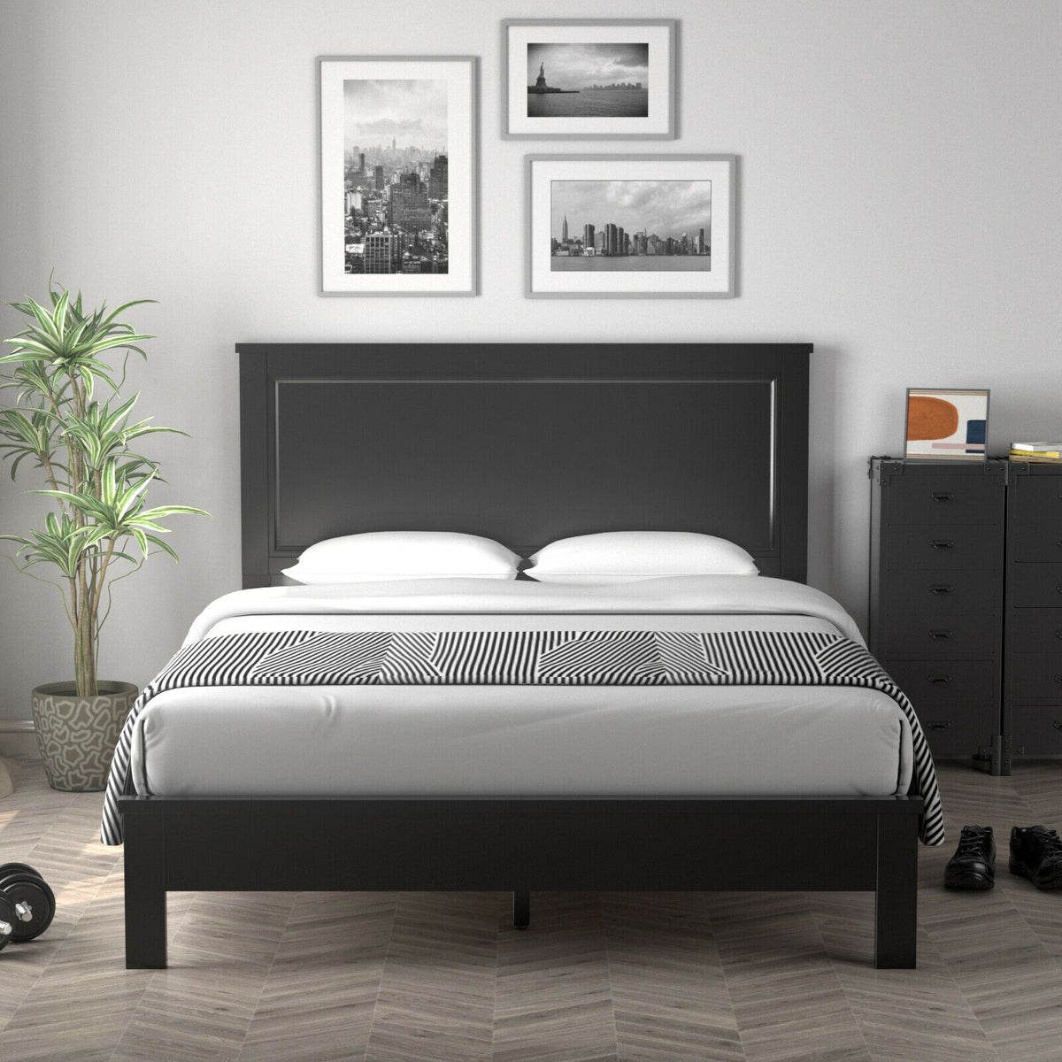 Full Size Platform Slat Bed Frame with High Headboard-Black-Simple Bed Frame-DECOROLALA