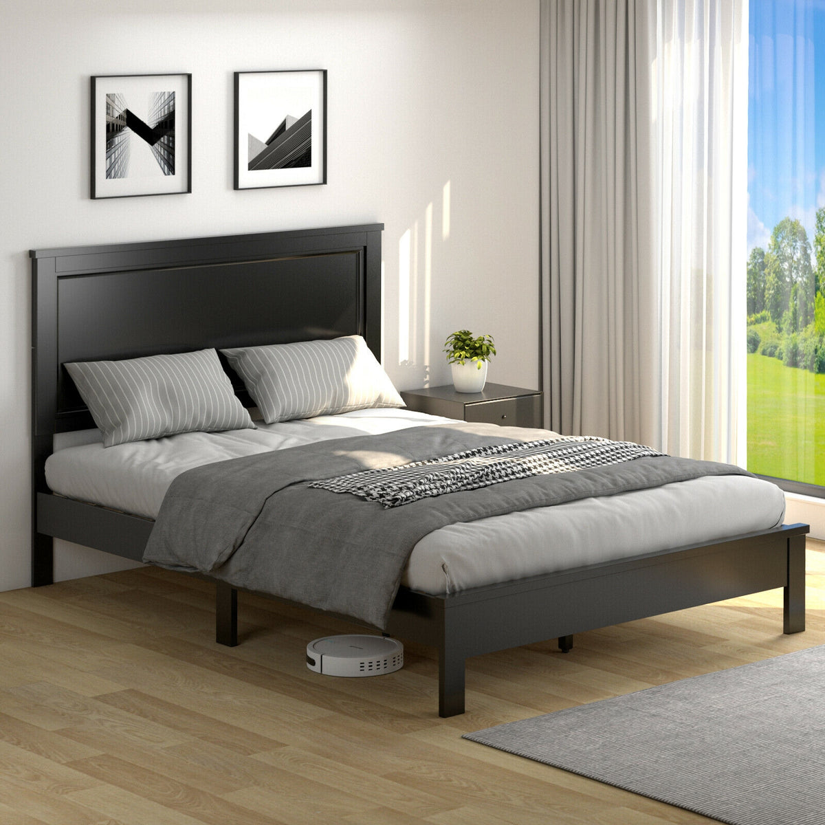 Full Size Platform Slat Bed Frame with High Headboard-Black-Simple Bed Frame-DECOROLALA