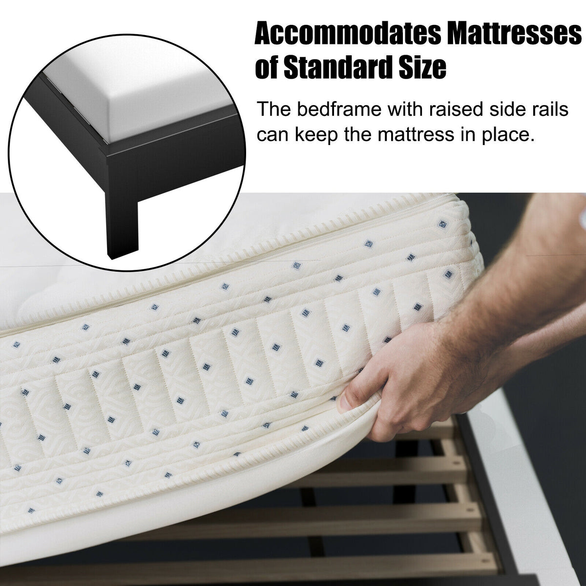Full Size Platform Slat Bed Frame with High Headboard-Black-Simple Bed Frame-DECOROLALA