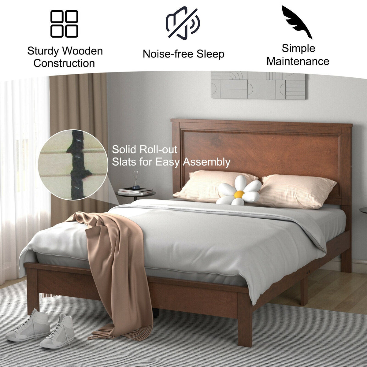 Full Size Platform Slat Bed Frame with High Headboard-Simple Bed Frame-DECOROLALA