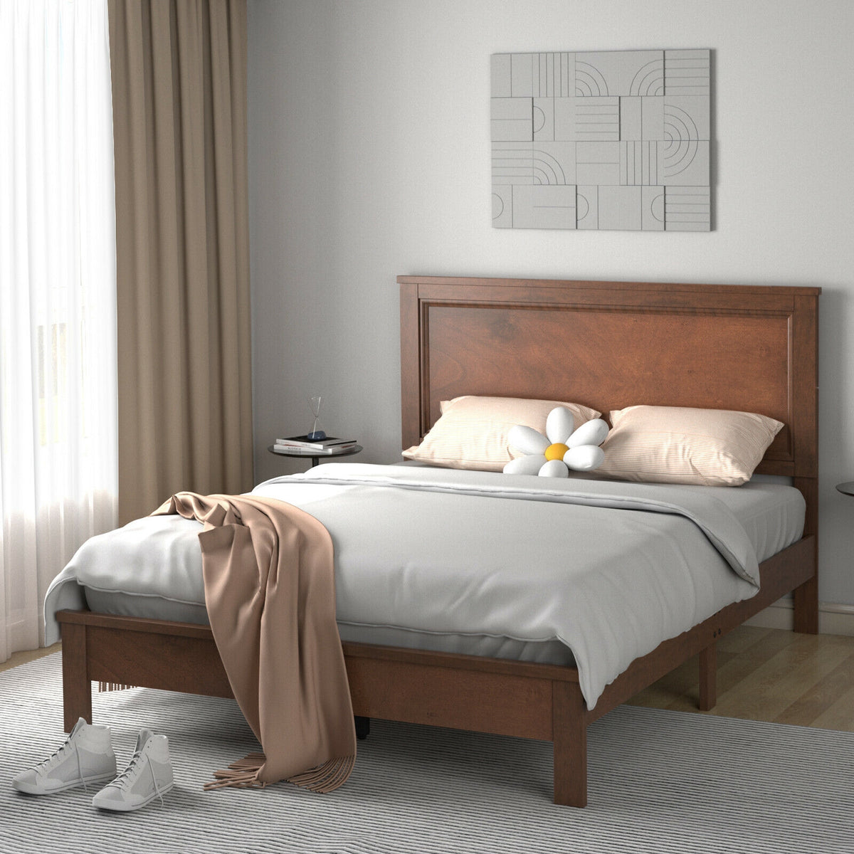 Full Size Platform Slat Bed Frame with High Headboard-Walnut-Simple Bed Frame-DECOROLALA