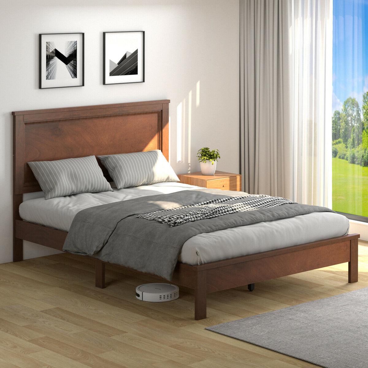 Full Size Platform Slat Bed Frame with High Headboard-Walnut-Simple Bed Frame-DECOROLALA