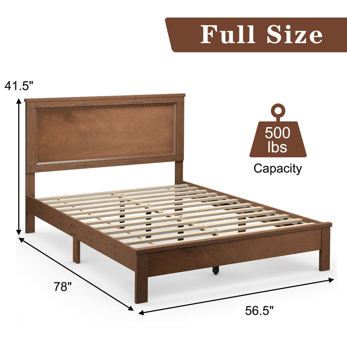 Full Size Platform Slat Bed Frame with High Headboard-Walnut-Simple Bed Frame-DECOROLALA