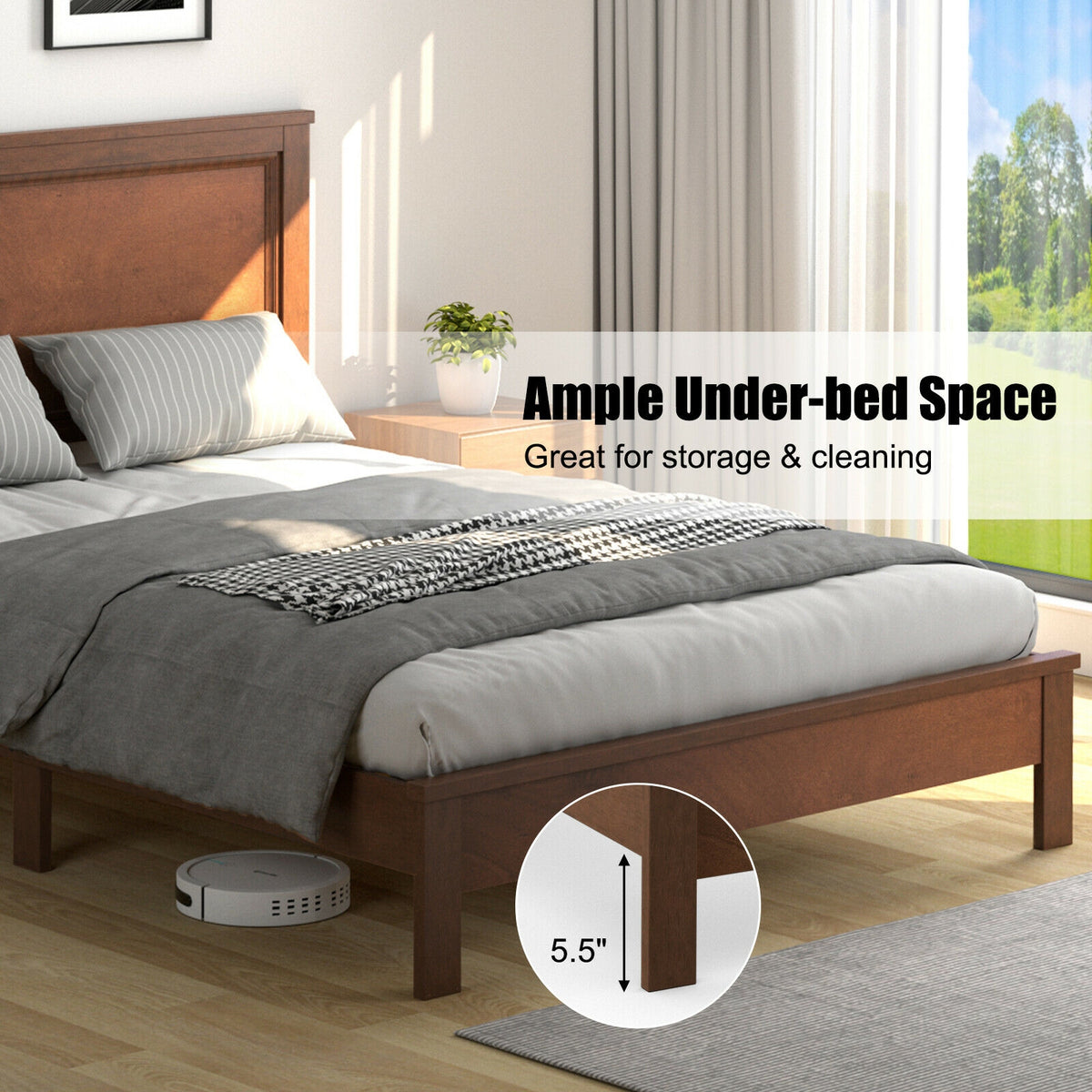 Full Size Platform Slat Bed Frame with High Headboard-Walnut-Simple Bed Frame-DECOROLALA