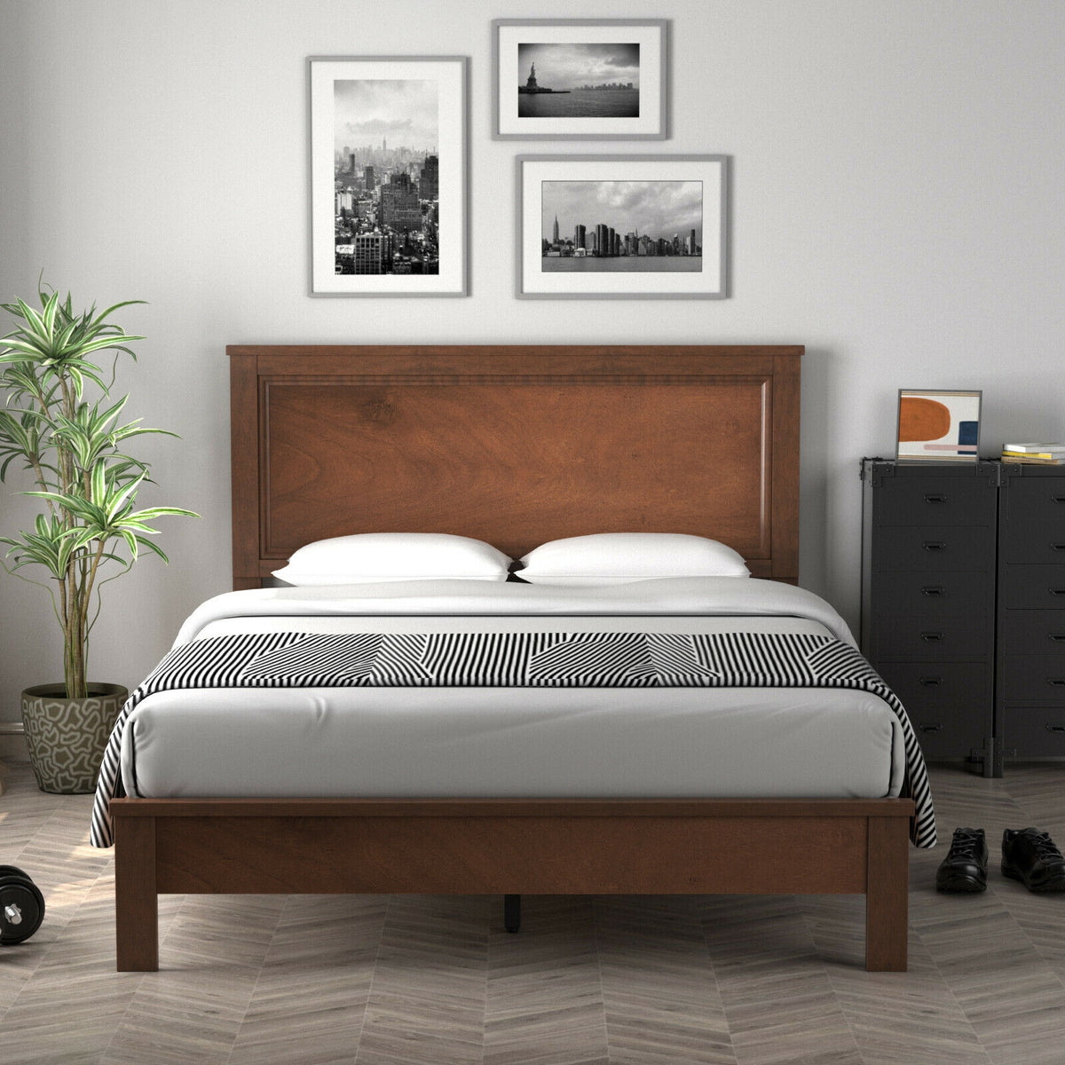 Full Size Platform Slat Bed Frame with High Headboard-Walnut-Simple Bed Frame-DECOROLALA
