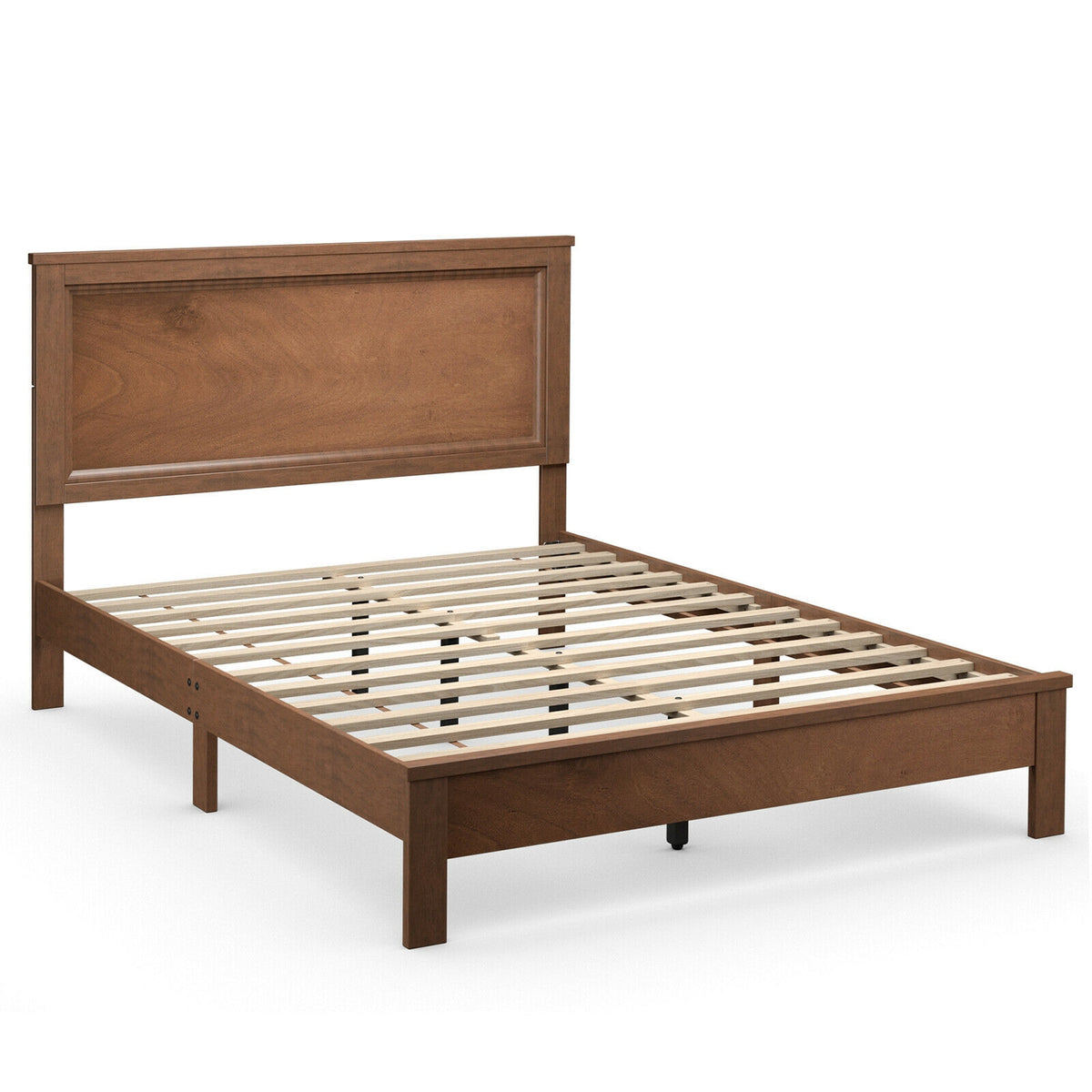 Full Size Platform Slat Bed Frame with High Headboard-Walnut-Simple Bed Frame-DECOROLALA