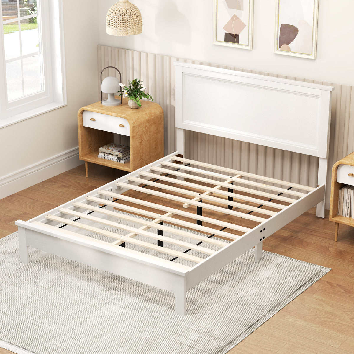 Full Size Platform Slat Bed Frame with High Headboard-White-Simple Bed Frame-DECOROLALA