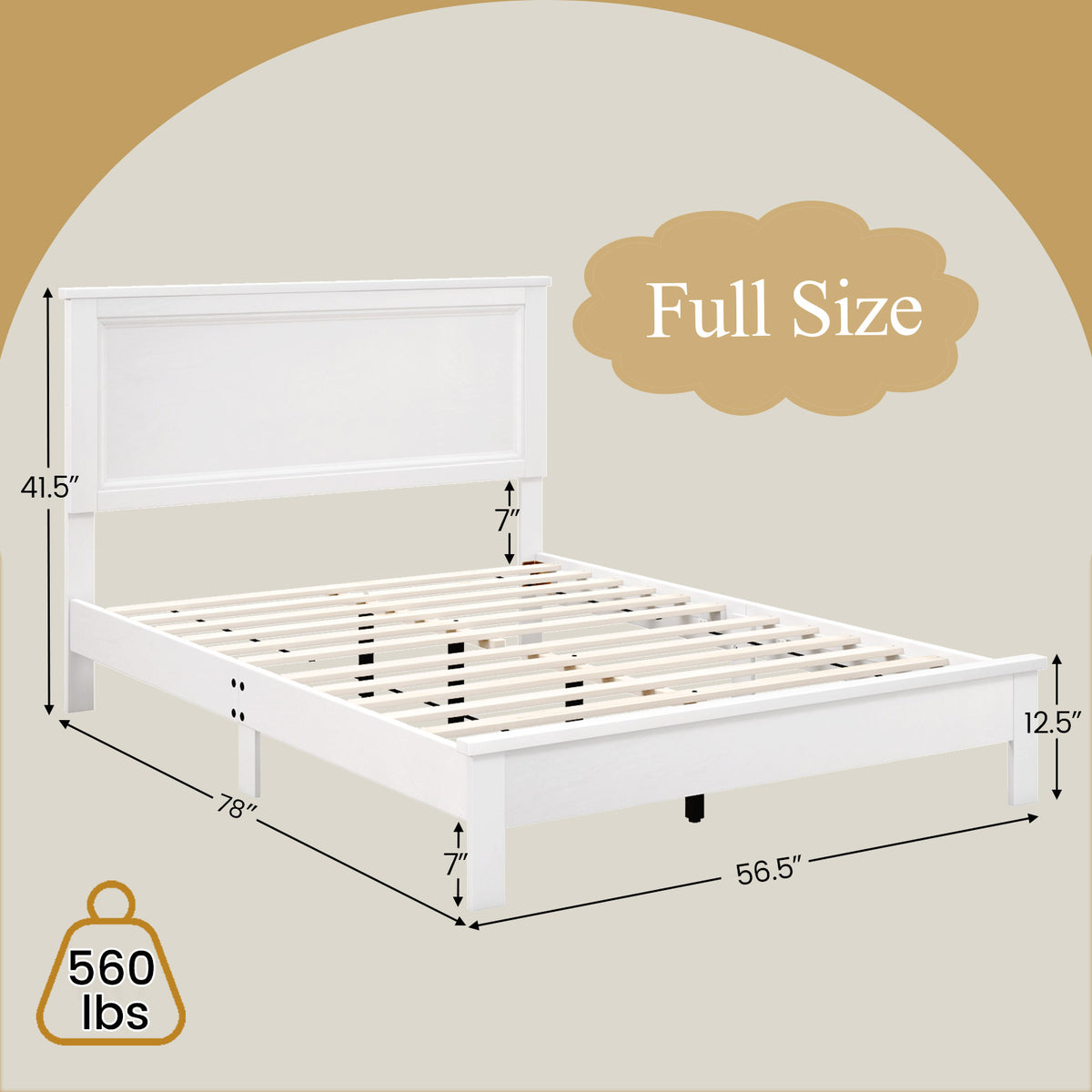 Full Size Platform Slat Bed Frame with High Headboard-White-Simple Bed Frame-DECOROLALA