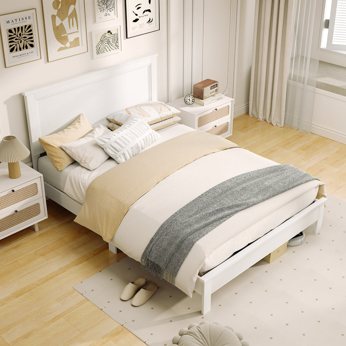 Full Size Platform Slat Bed Frame with High Headboard-White-Simple Bed Frame-DECOROLALA