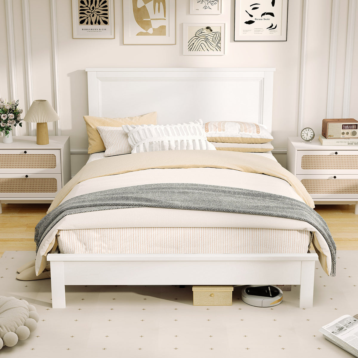 Full Size Platform Slat Bed Frame with High Headboard-White-Simple Bed Frame-DECOROLALA