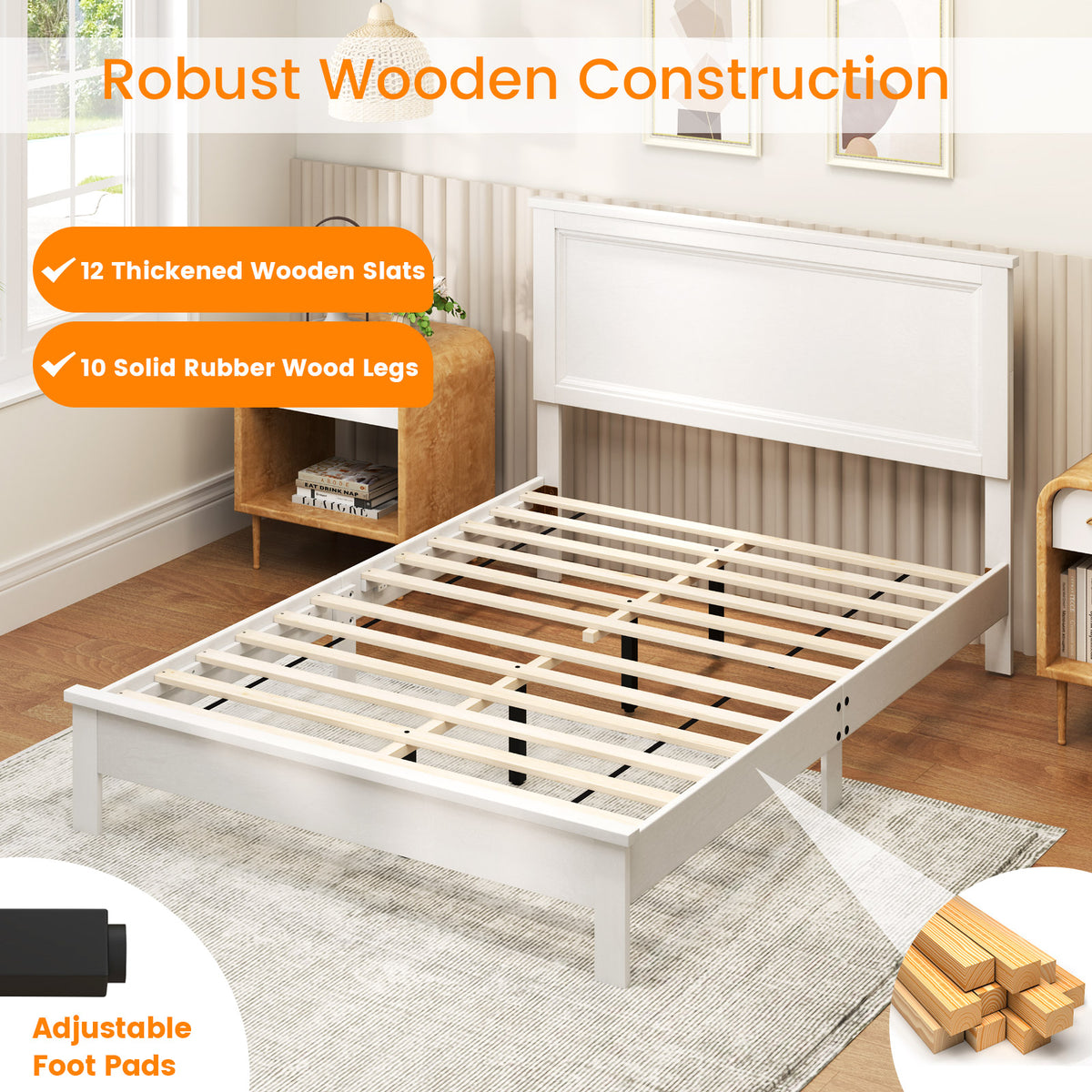 Full Size Platform Slat Bed Frame with High Headboard-White-Simple Bed Frame-DECOROLALA
