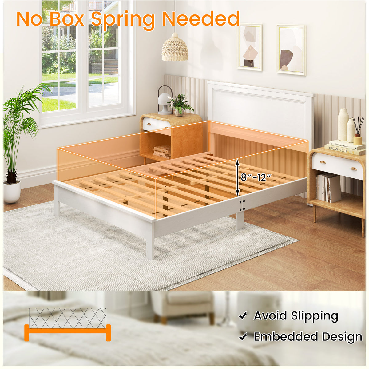 Full Size Platform Slat Bed Frame with High Headboard-White-Simple Bed Frame-DECOROLALA