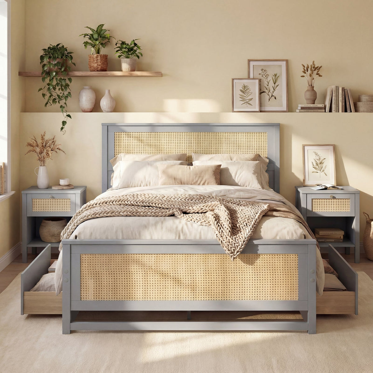 Full Size Rattan Bed Frame with Storage Drawers-Trundle Bed Frame-DECOROLALA