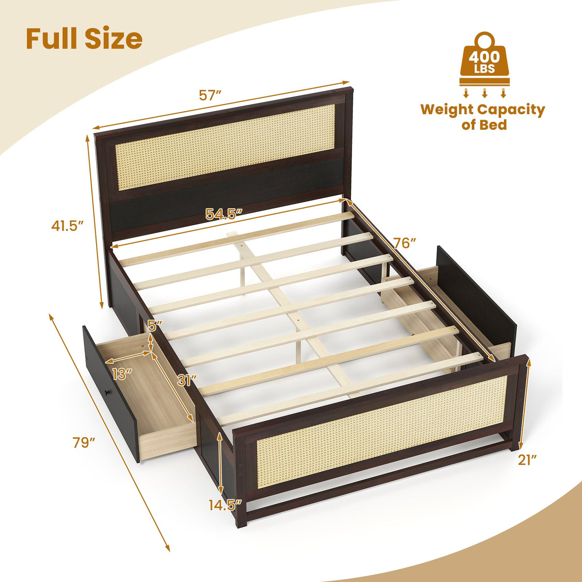 Full Size Rattan Bed Frame with Storage Drawers-Trundle Bed Frame-DECOROLALA