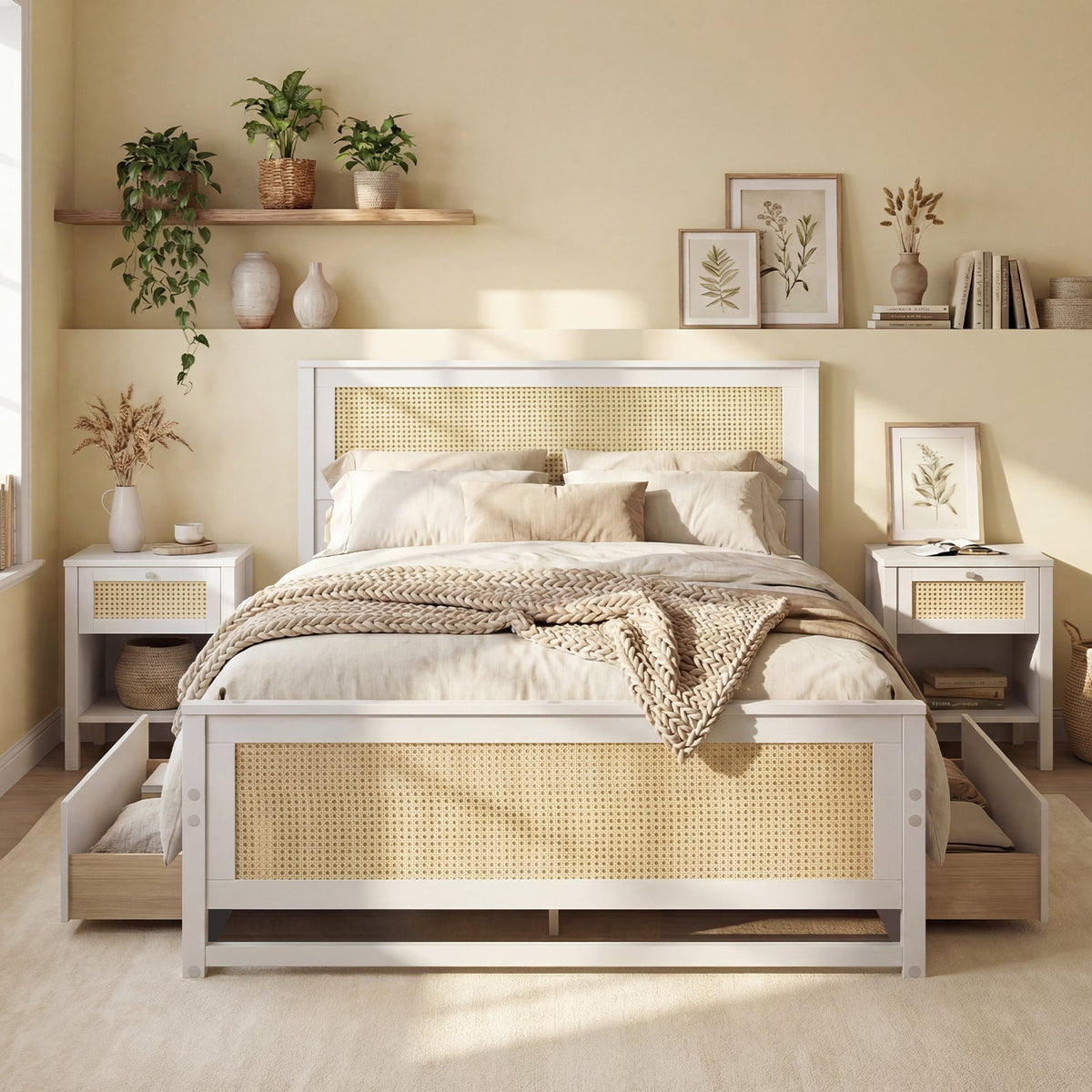 Full Size Rattan Bed Frame with Storage Drawers-Trundle Bed Frame-DECOROLALA