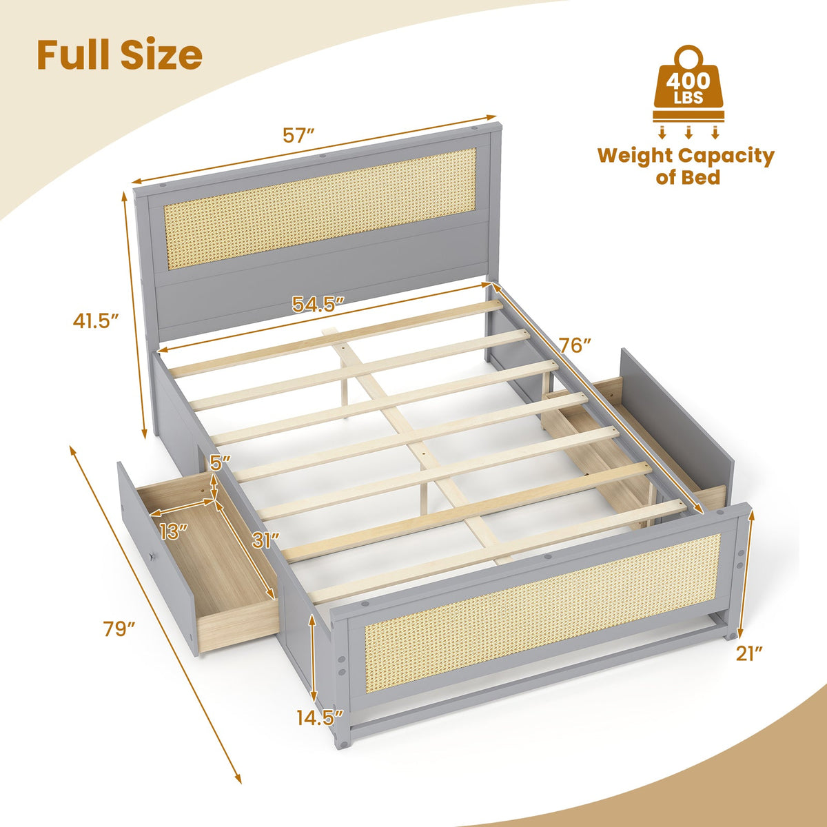 Full Size Rattan Bed Frame with Storage Drawers-Trundle Bed Frame-DECOROLALA