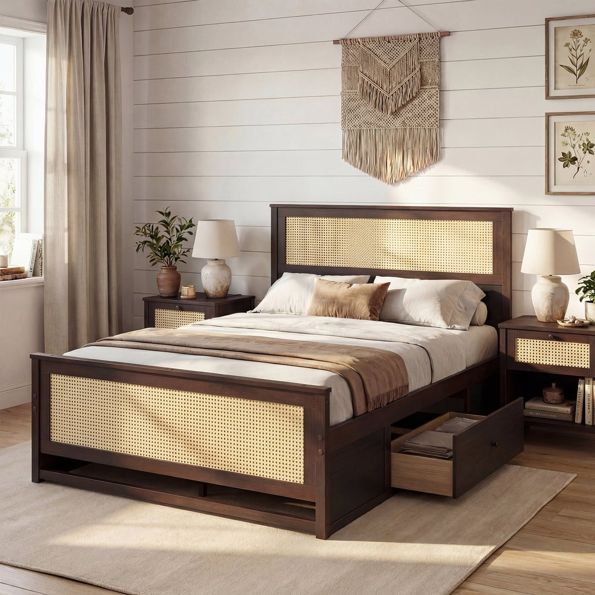 Full Size Rattan Bed Frame with Storage Drawers-Trundle Bed Frame-DECOROLALA