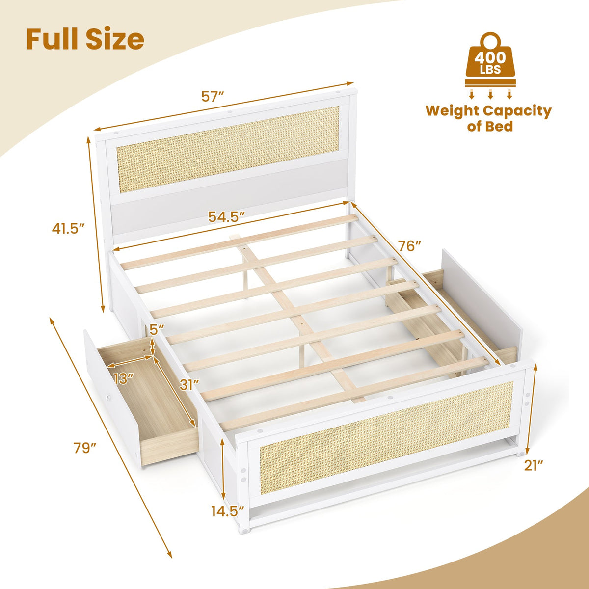 Full Size Rattan Bed Frame with Storage Drawers-Trundle Bed Frame-DECOROLALA