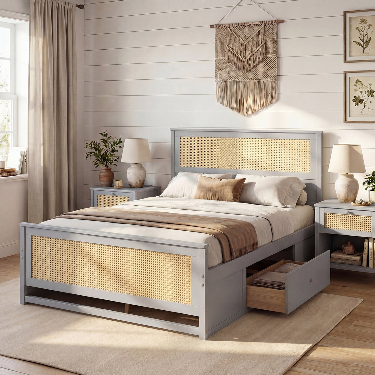 Full Size Rattan Bed Frame with Storage Drawers-Trundle Bed Frame-DECOROLALA