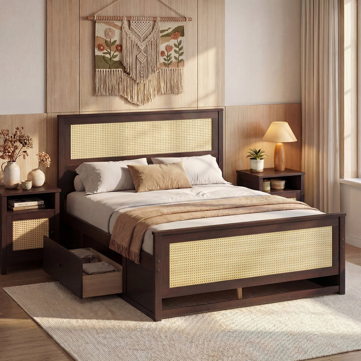 Full Size Rattan Bed Frame with Storage Drawers-Trundle Bed Frame-DECOROLALA