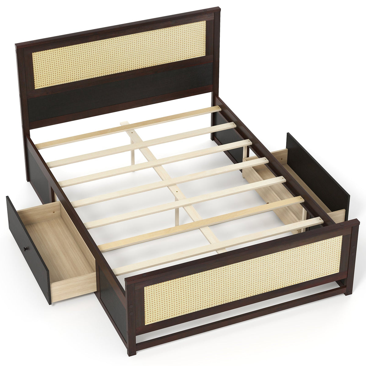 Full Size Rattan Bed Frame with Storage Drawers-Trundle Bed Frame-DECOROLALA