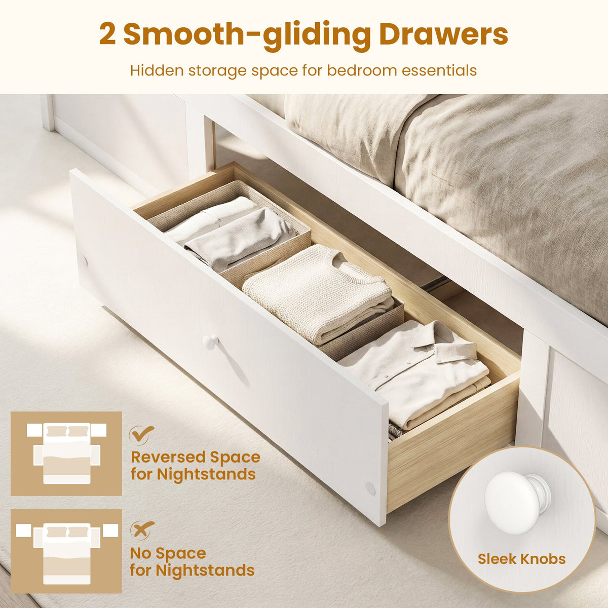 Full Size Rattan Bed Frame with Storage Drawers-Trundle Bed Frame-DECOROLALA