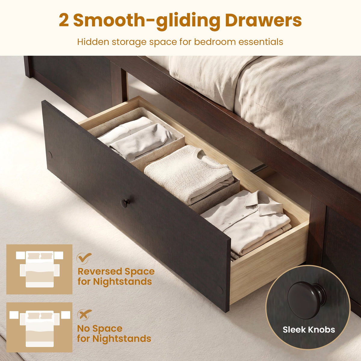 Full Size Rattan Bed Frame with Storage Drawers-Trundle Bed Frame-DECOROLALA
