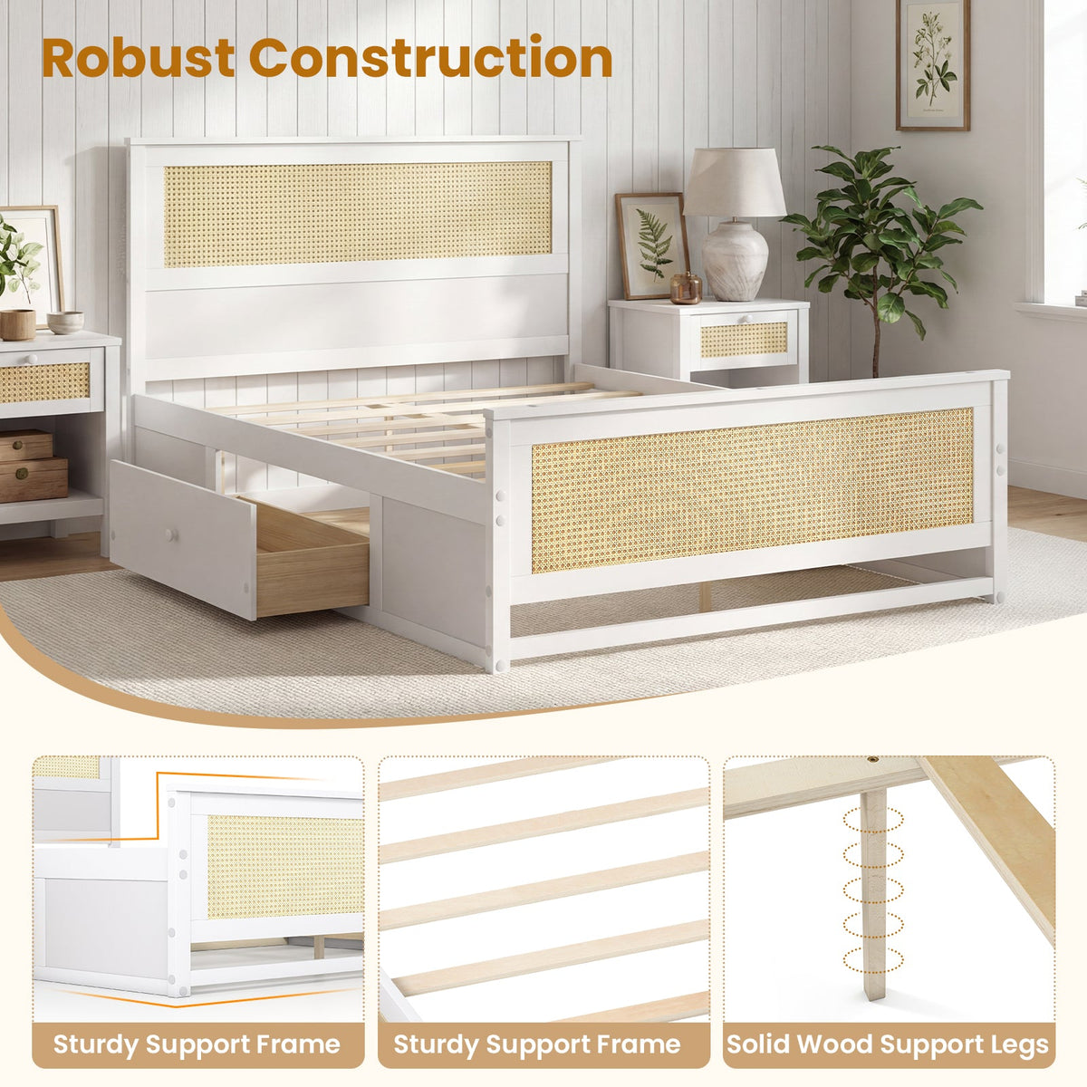 Full Size Rattan Bed Frame with Storage Drawers-Trundle Bed Frame-DECOROLALA
