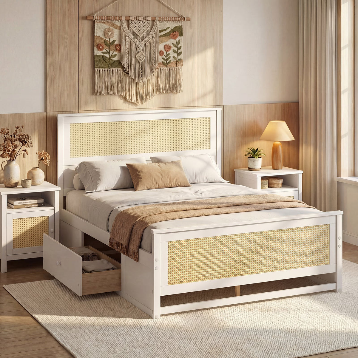 Full Size Rattan Bed Frame with Storage Drawers-Trundle Bed Frame-DECOROLALA