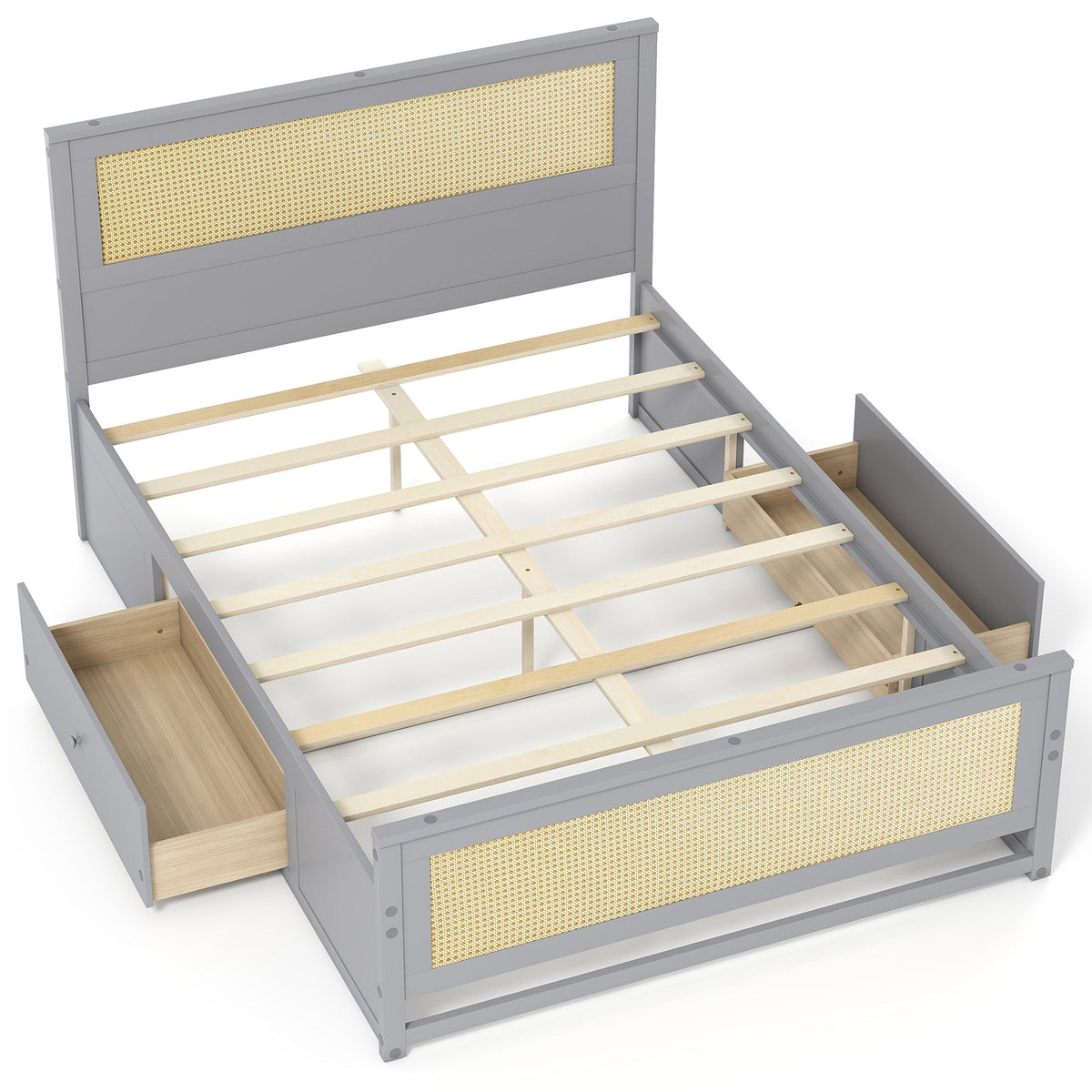 Full Size Rattan Bed Frame with Storage Drawers-Trundle Bed Frame-DECOROLALA