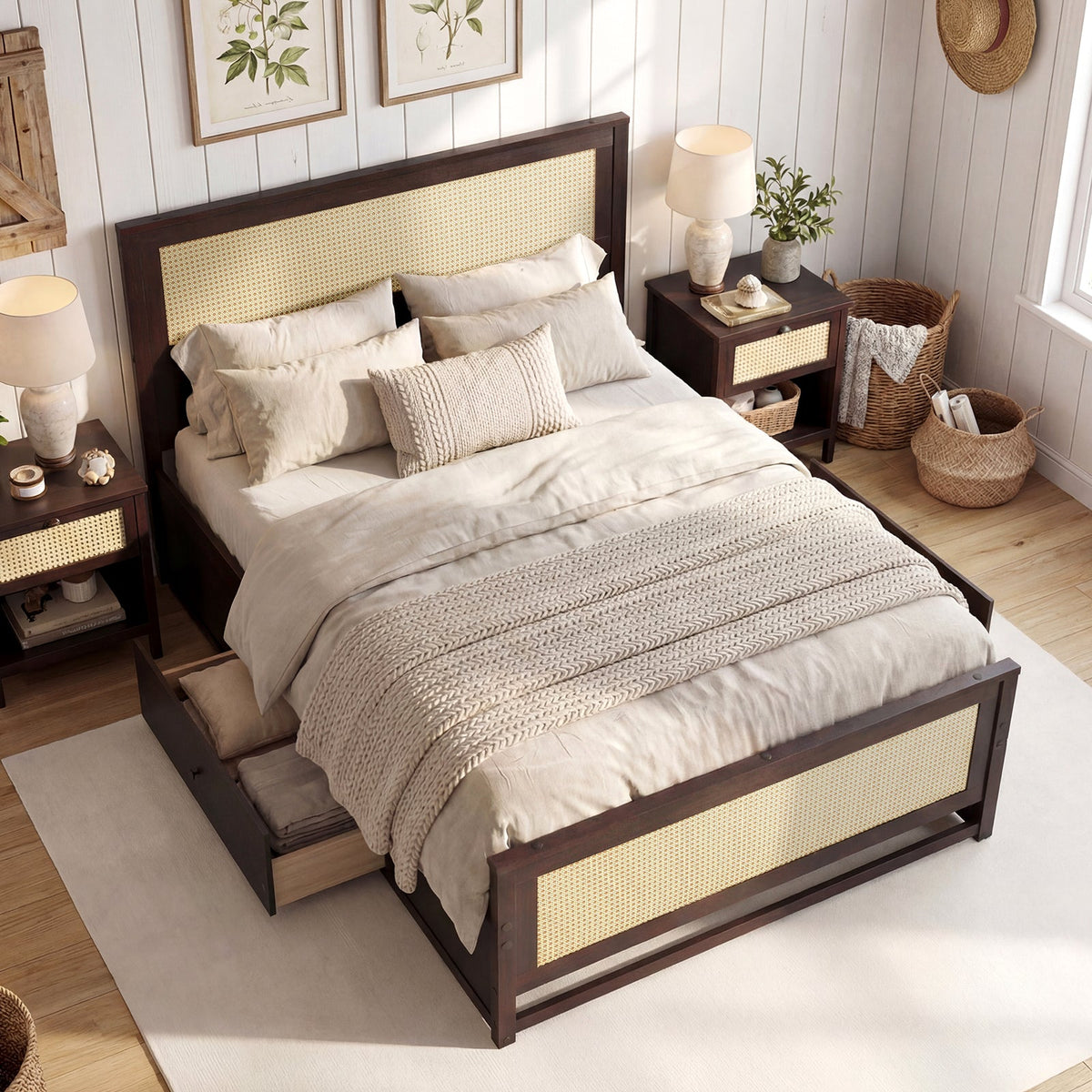 Full Size Rattan Bed Frame with Storage Drawers-Trundle Bed Frame-DECOROLALA