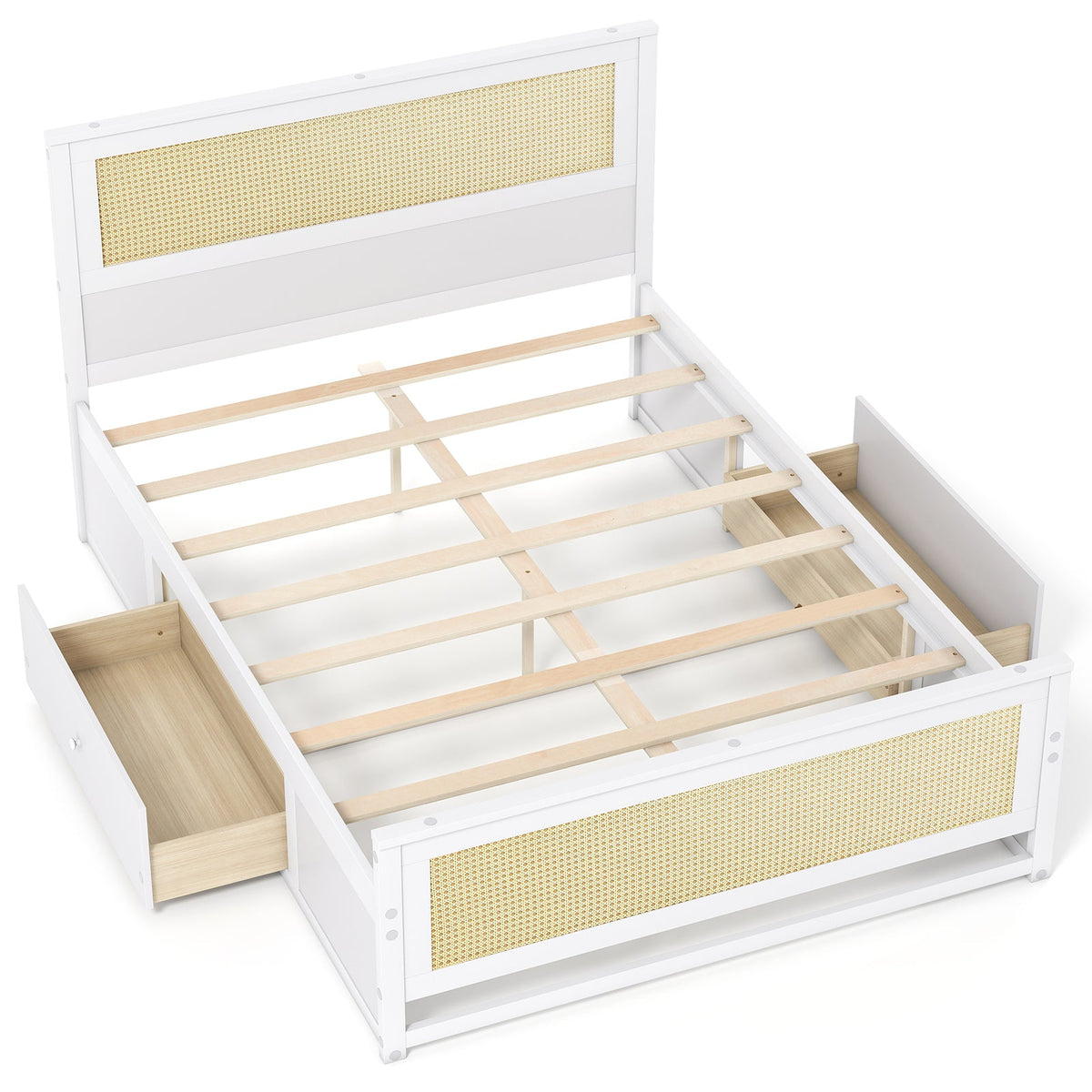 Full Size Rattan Bed Frame with Storage Drawers-Trundle Bed Frame-DECOROLALA
