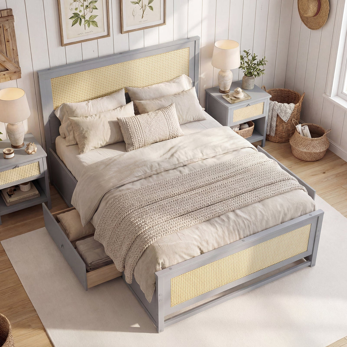 Full Size Rattan Bed Frame with Storage Drawers-Trundle Bed Frame-DECOROLALA