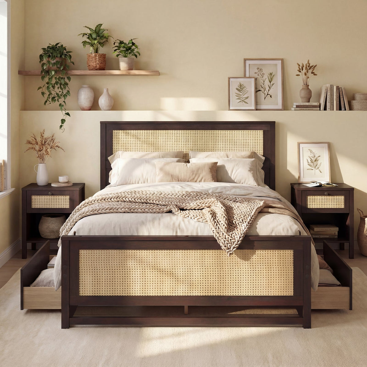 Full Size Rattan Bed Frame with Storage Drawers-Trundle Bed Frame-DECOROLALA