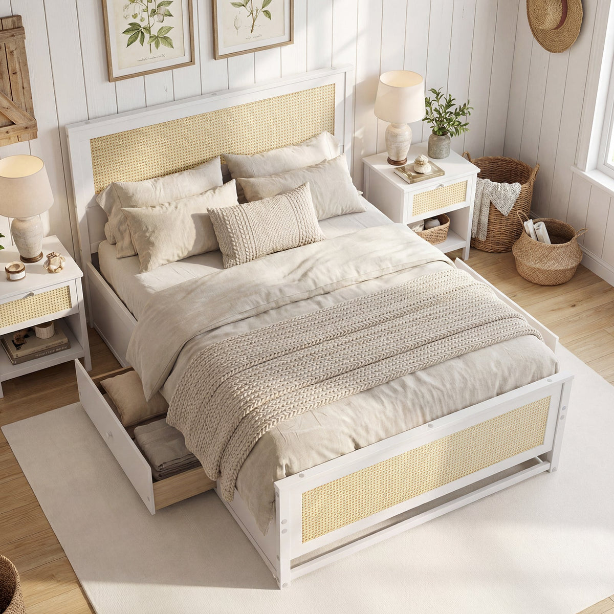 Full Size Rattan Bed Frame with Storage Drawers-Trundle Bed Frame-DECOROLALA