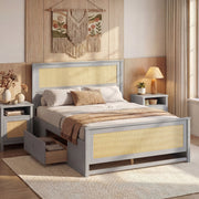 Full Size Rattan Bed Frame with Storage Drawers-Trundle Bed Frame-DECOROLALA
