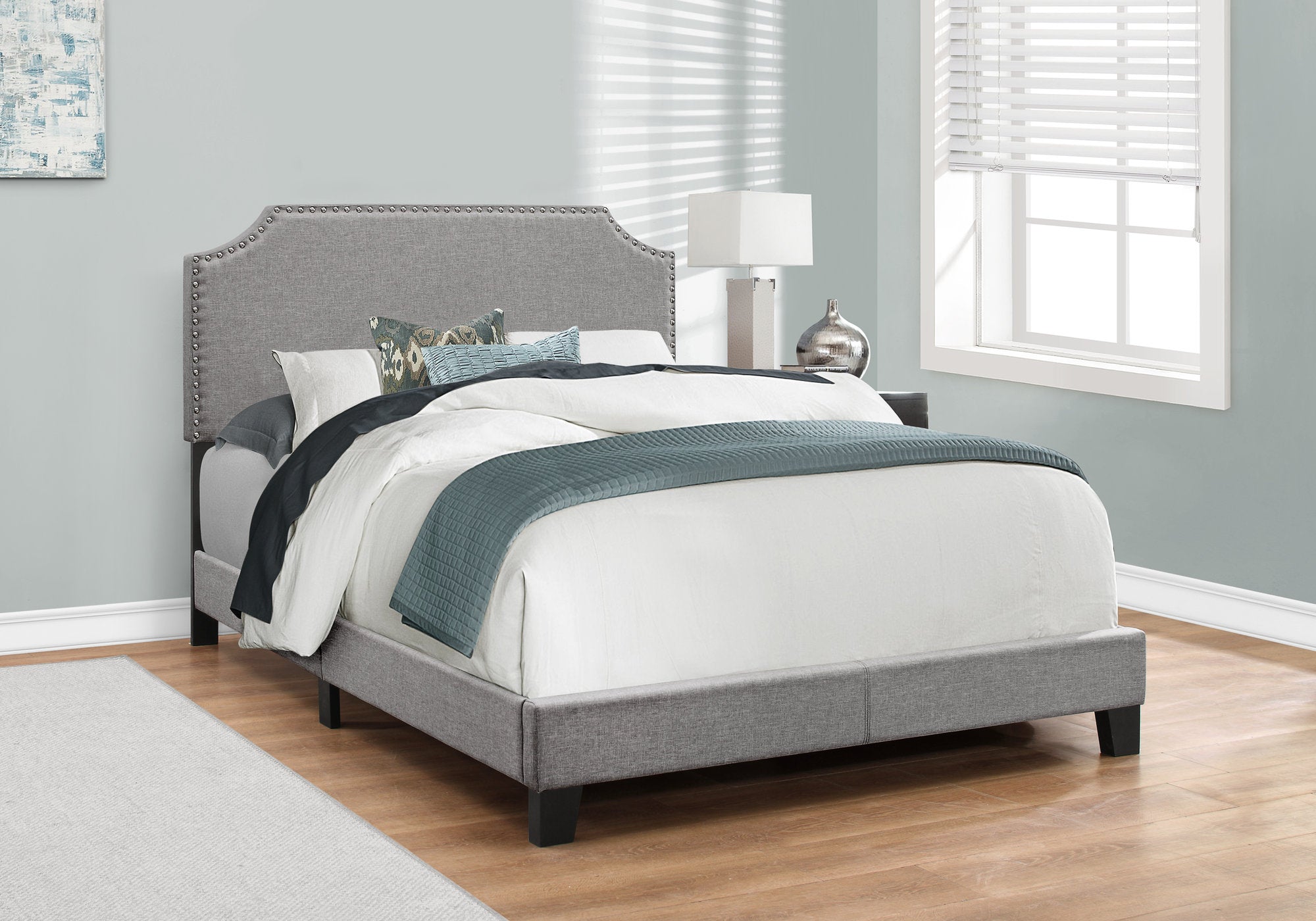 Full Size Upholstered Bed Frame, Grey Linen-Bed-DECOROLALA