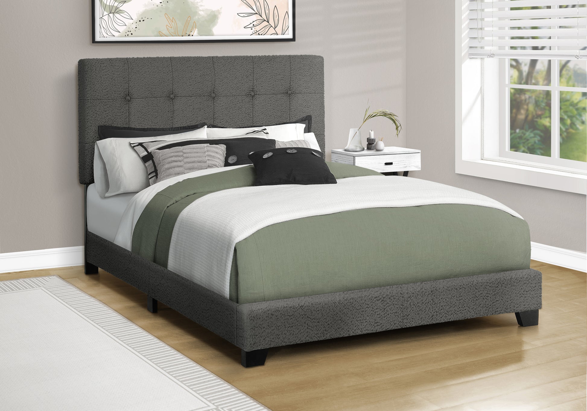 Full Size Upholstered Bed Frame, Light Grey Boucle-Bed-DECOROLALA
