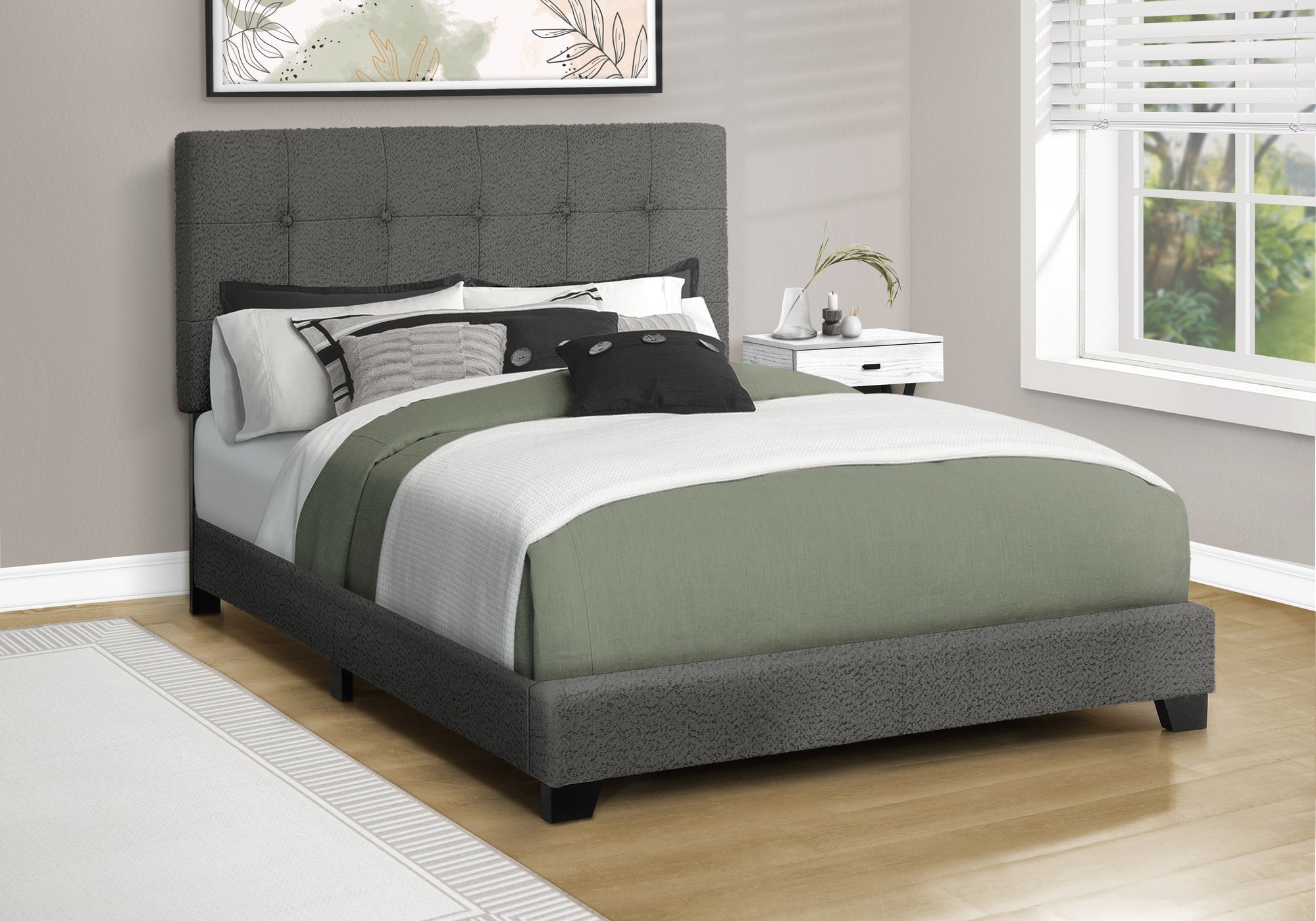 Full Size Upholstered Bed Frame, Light Grey Boucle-Bed-DECOROLALA