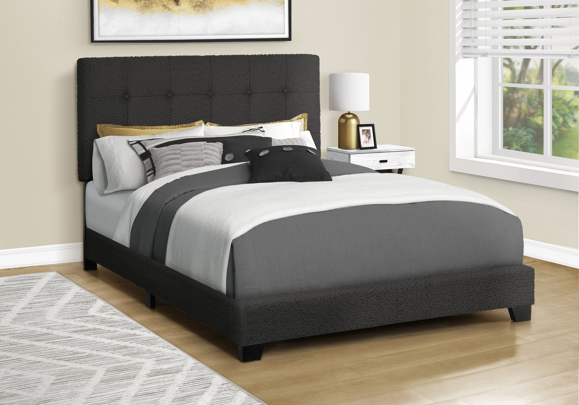 Full Size Upholstered Bed Frame, Light Grey Boucle-Bed-DECOROLALA