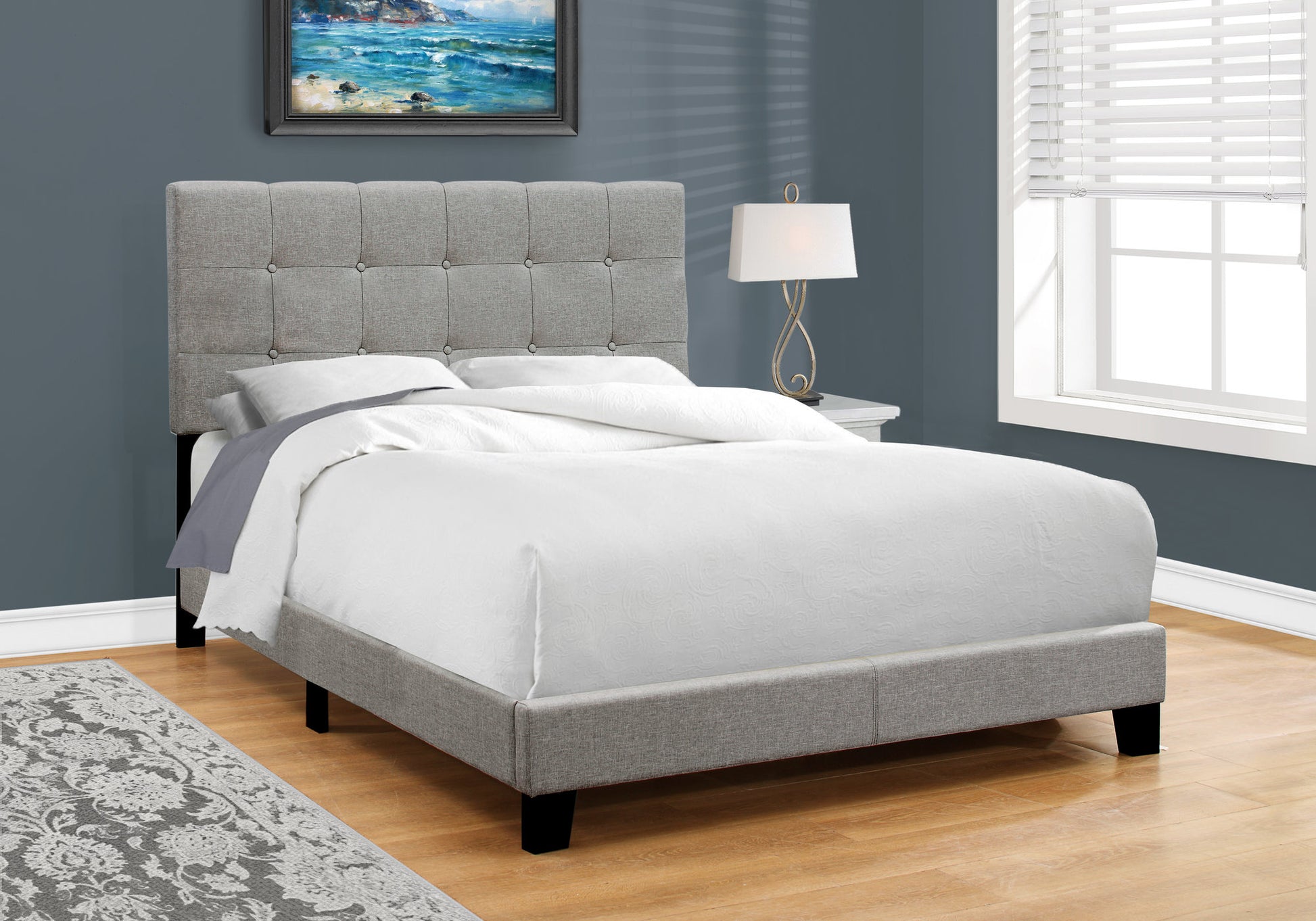 Full Size Upholstered Bed Frame, Light Grey Boucle-Bed-DECOROLALA