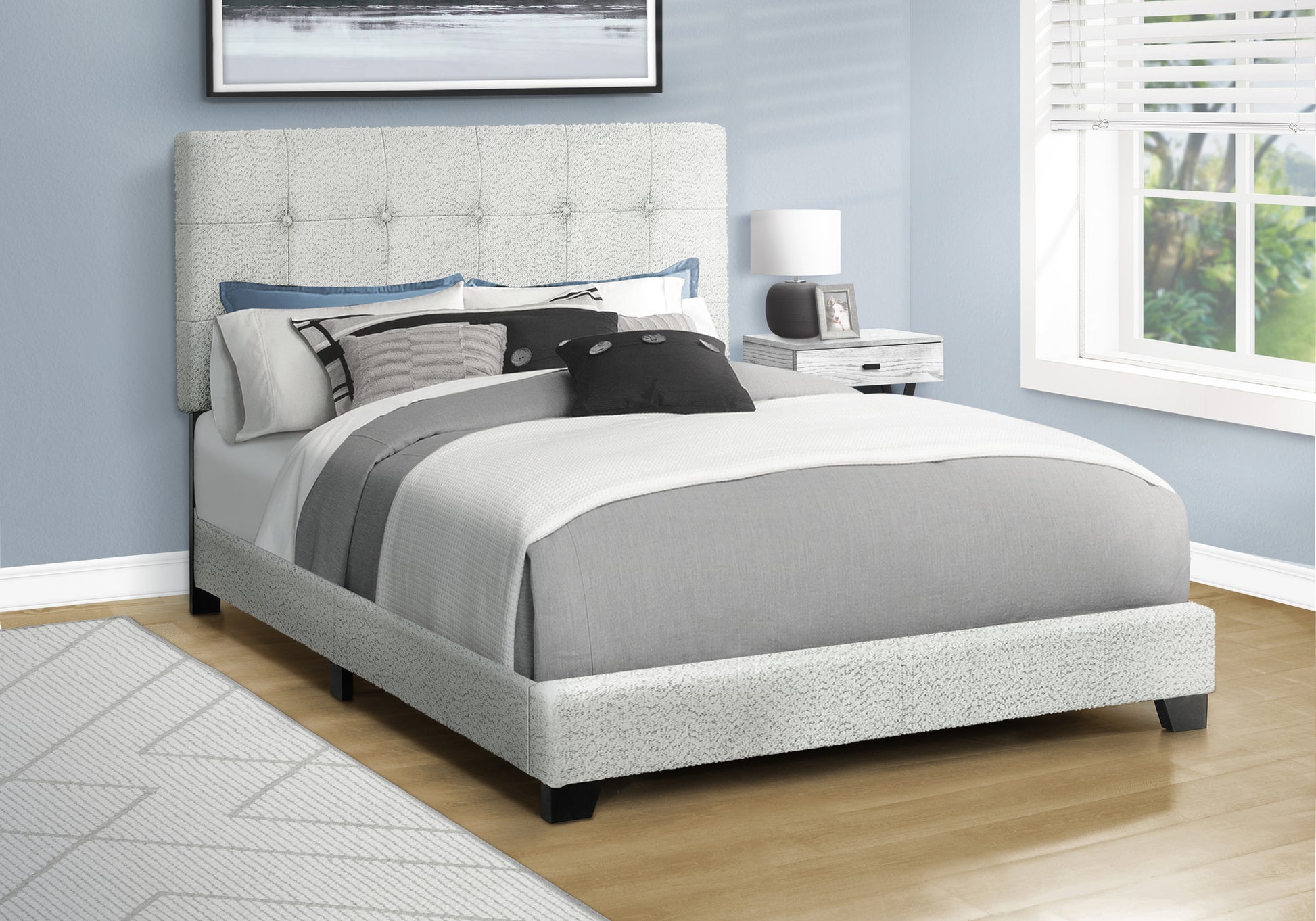 Full Size Upholstered Bed Frame, Light Grey Boucle-Bed-DECOROLALA