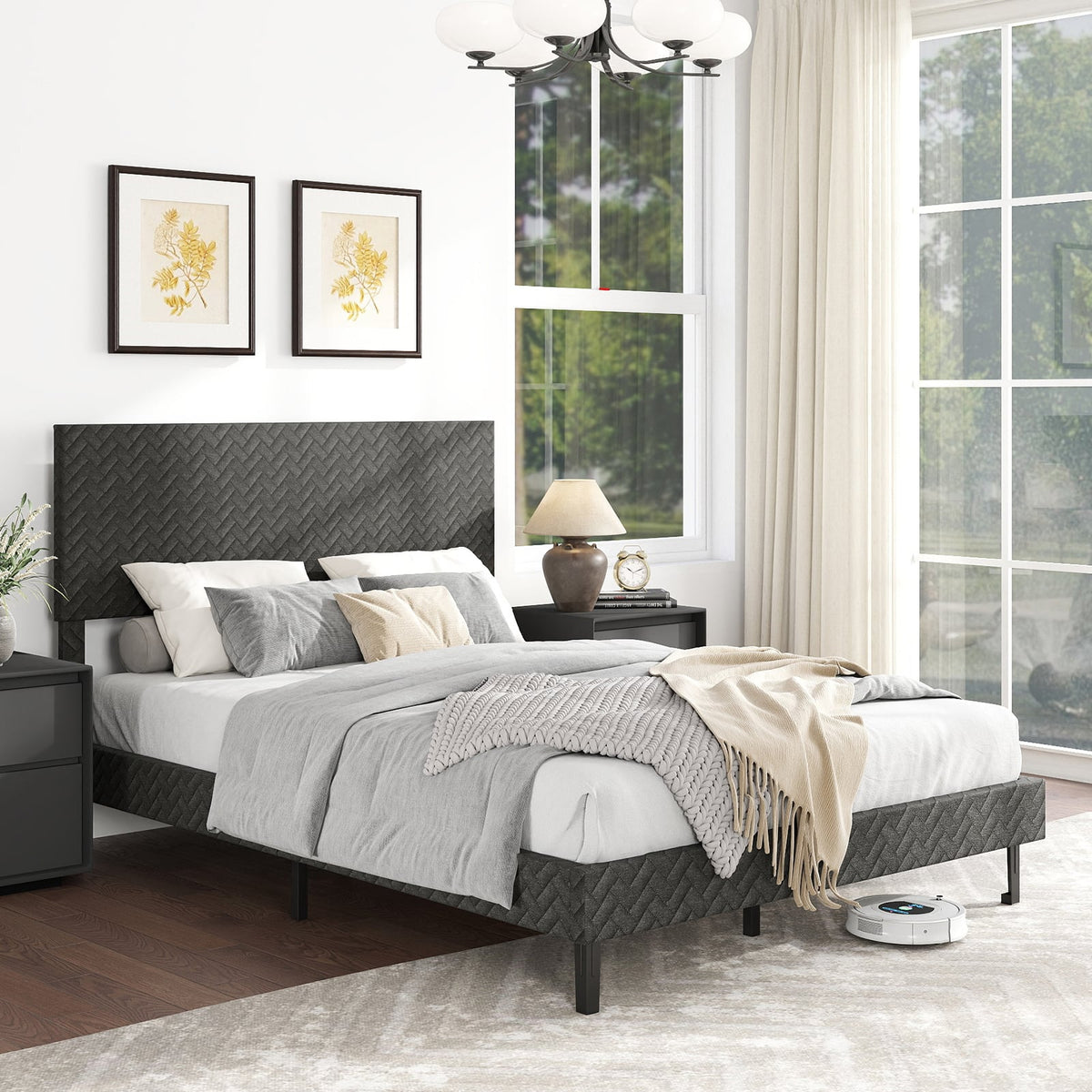 Full Size Velvet Bed Frame Upholstered Platform Bed with Chevron Headboard Gray-Simple Bed Frame-DECOROLALA