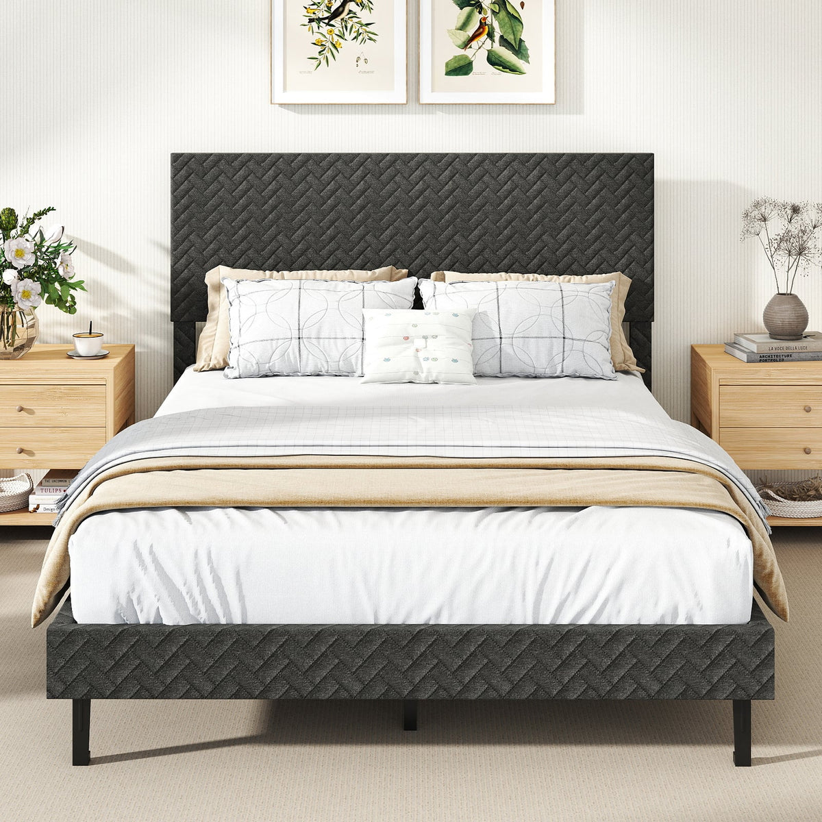 Full Size Velvet Bed Frame Upholstered Platform Bed with Chevron Headboard Gray-Simple Bed Frame-DECOROLALA