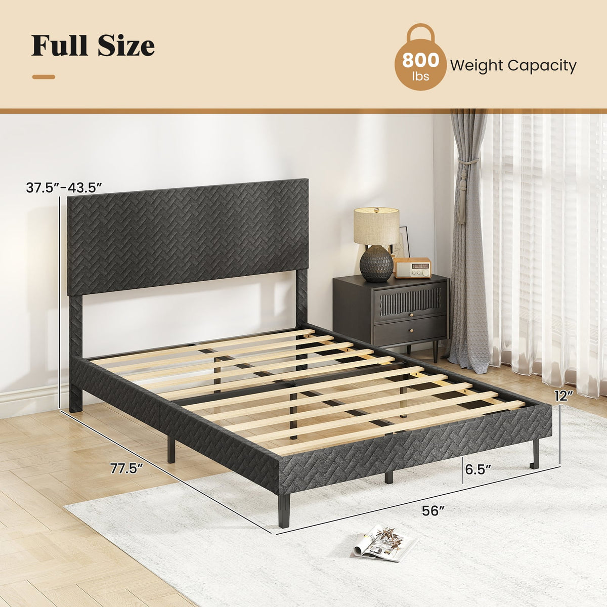 Full Size Velvet Bed Frame Upholstered Platform Bed with Chevron Headboard Gray-Simple Bed Frame-DECOROLALA