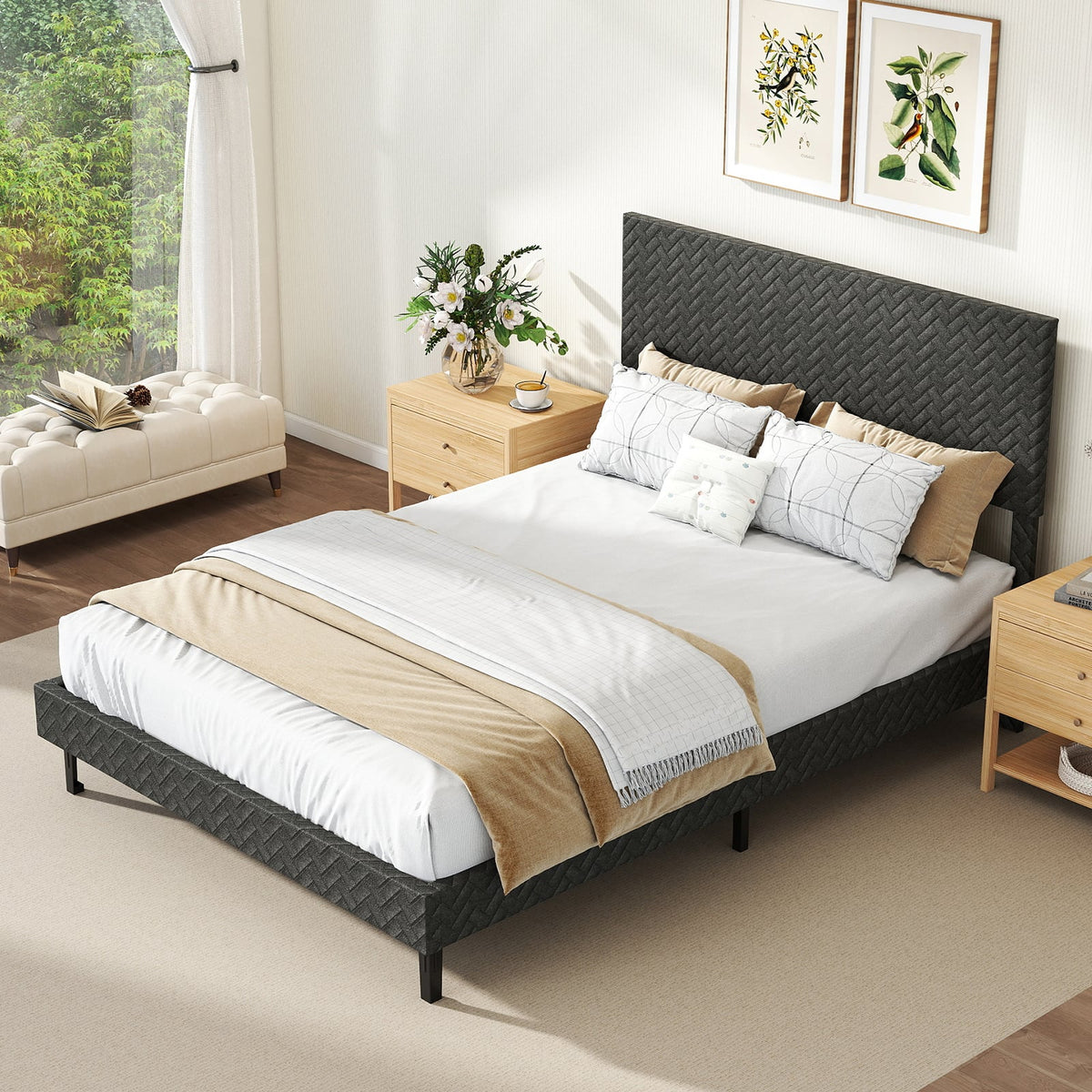 Full Size Velvet Bed Frame Upholstered Platform Bed with Chevron Headboard Gray-Simple Bed Frame-DECOROLALA